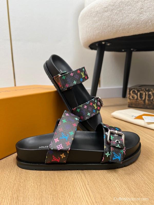 2025 Women Louis Vuitton Black Rainbow Canvas Slippers KFY00280