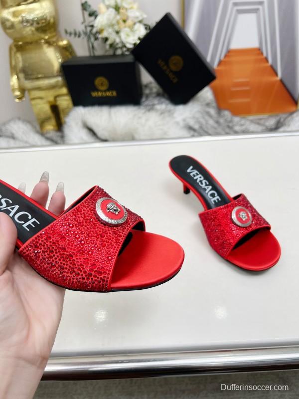 2025 Women VERSACE Red Silk Rhinestone Kitten Heel MJ00230