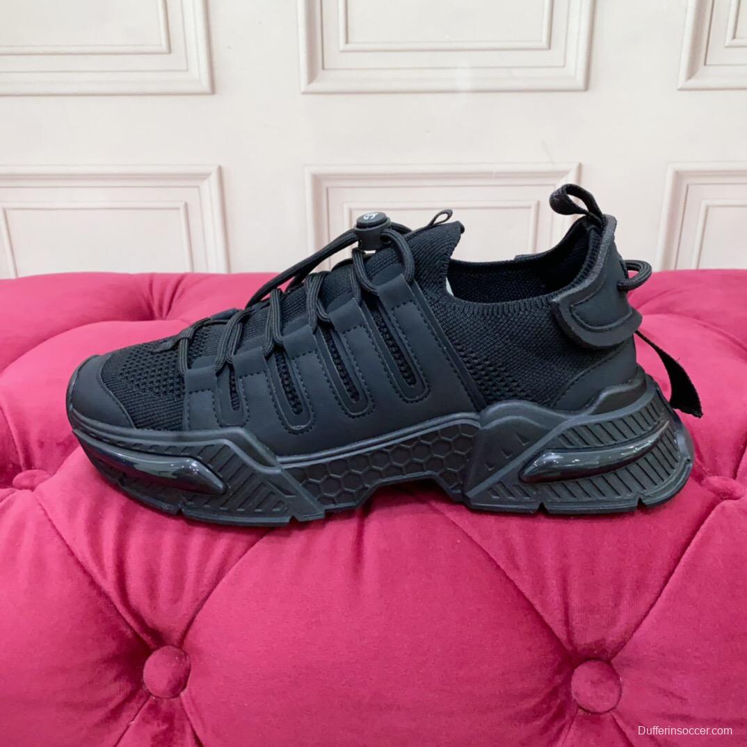 2025 Unisex Dolce & Gabbana Black Leather Knit Sneakers LY00340