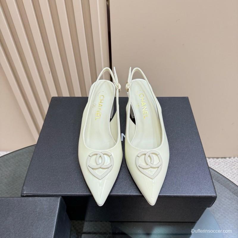 2025 Women Chanel White Patent Leather Slingback Pumps