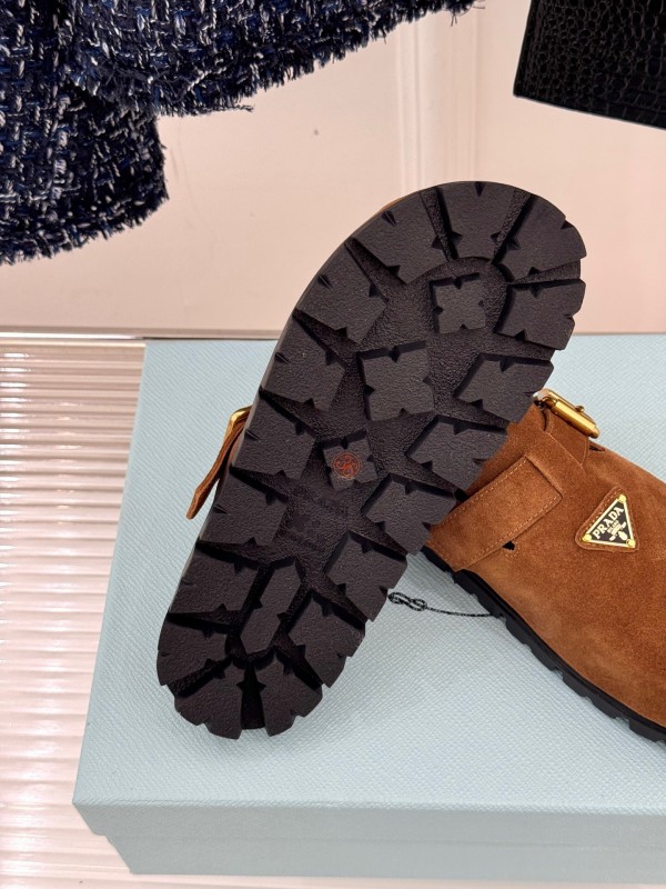 2025 Women Prada Brown Suede Slippers KFY00280
