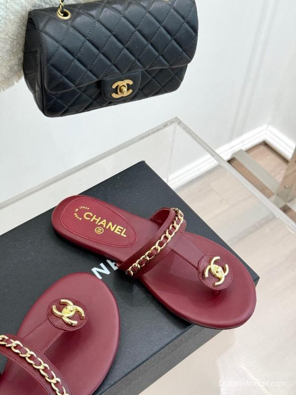 2025 Women Chanel Red Lambskin Chain Sandals KFY00250