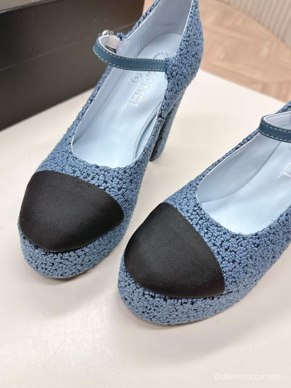 2025 Women Chanel Blue Black Tweed Leather Platform Pumps KFY00330