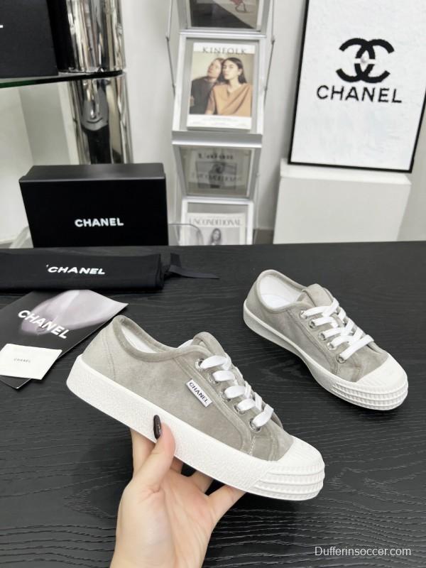 2025 Women Chanel Grey Canvas Leather Casual Sneakers LY00230