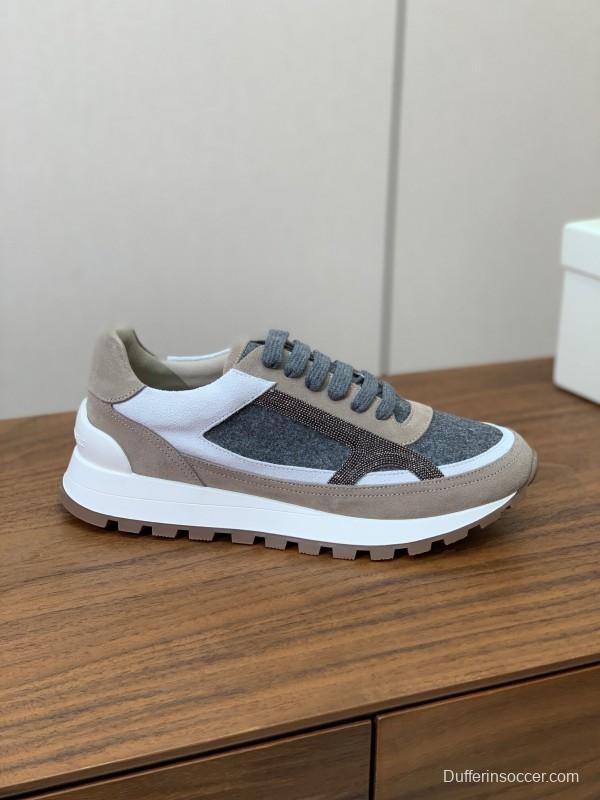 2025 Unisex Brunello Cucinelli Beige Gray White Leather Wool Casual Sneakers LY