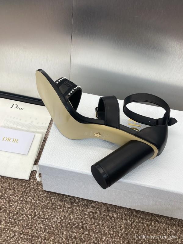 2025 Women Dior Black Leather High Heel Sandals Studded KFY00320