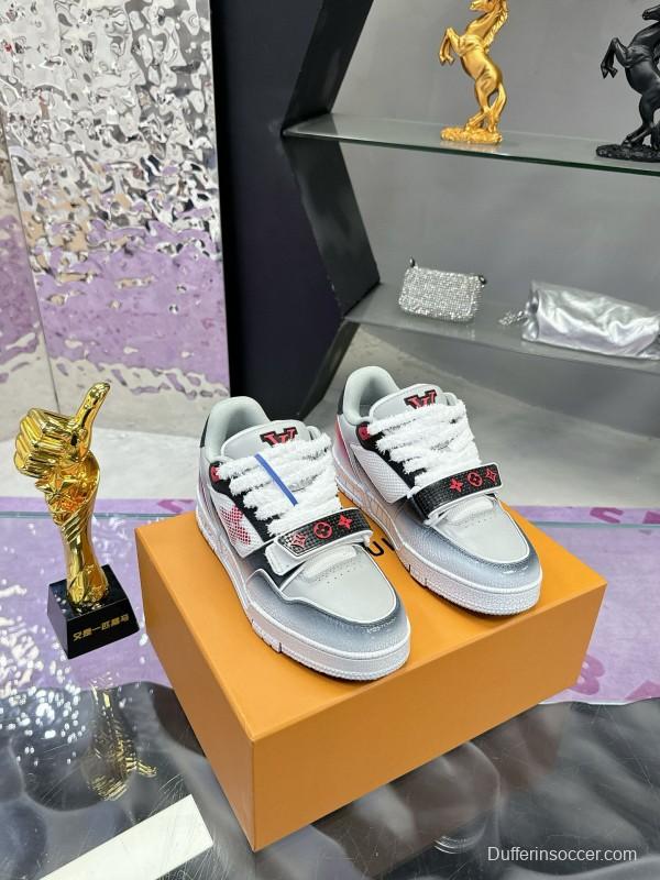 2024 Unisex Louis Vuitton White Gray Pink Leather Mesh Trainer