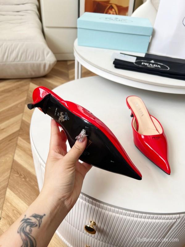 2025 Women Prada Red Patent Leather High Heel Mules LY