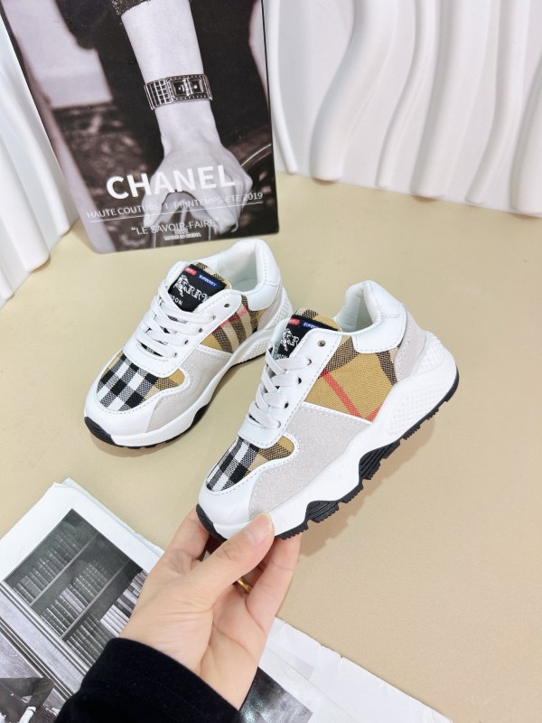 2024 Kids BURBERRY Beige White Black Leather Fabric Sneakers