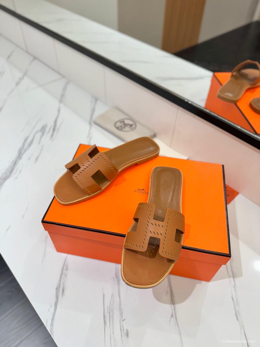 2025 Women Hermès Brown Leather Slippers