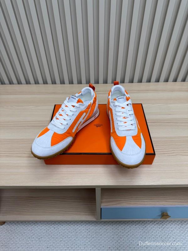 2025 Unisex Hermès Orange White Suede Nylon Sneakers Top Version LY00310