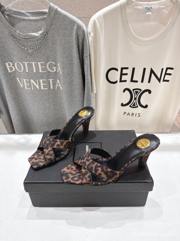 2025 Women Yves Saint Laurent Leopard Print Leather High Heel Sandals