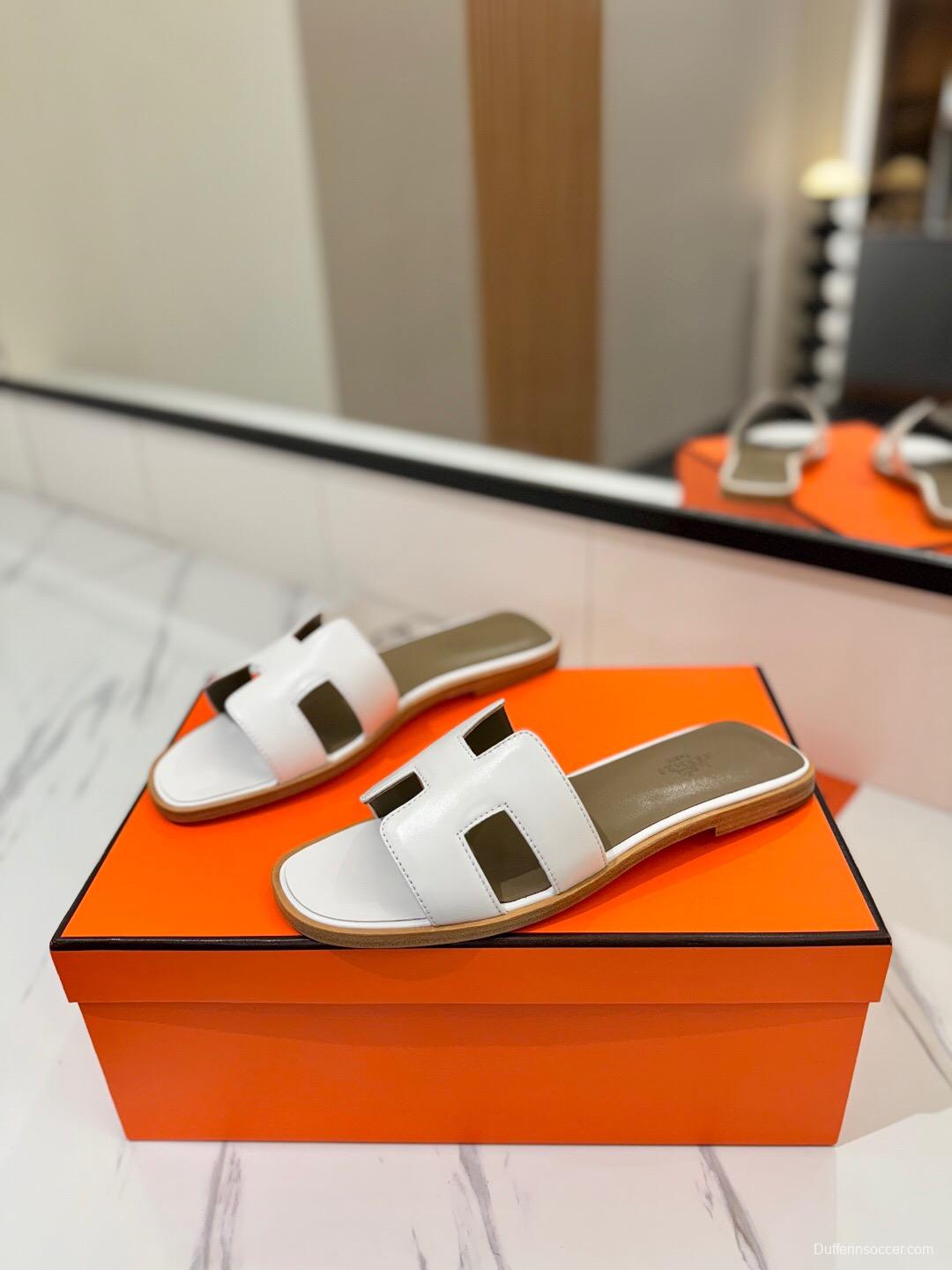 2025 Women Hermès White Leather Slippers