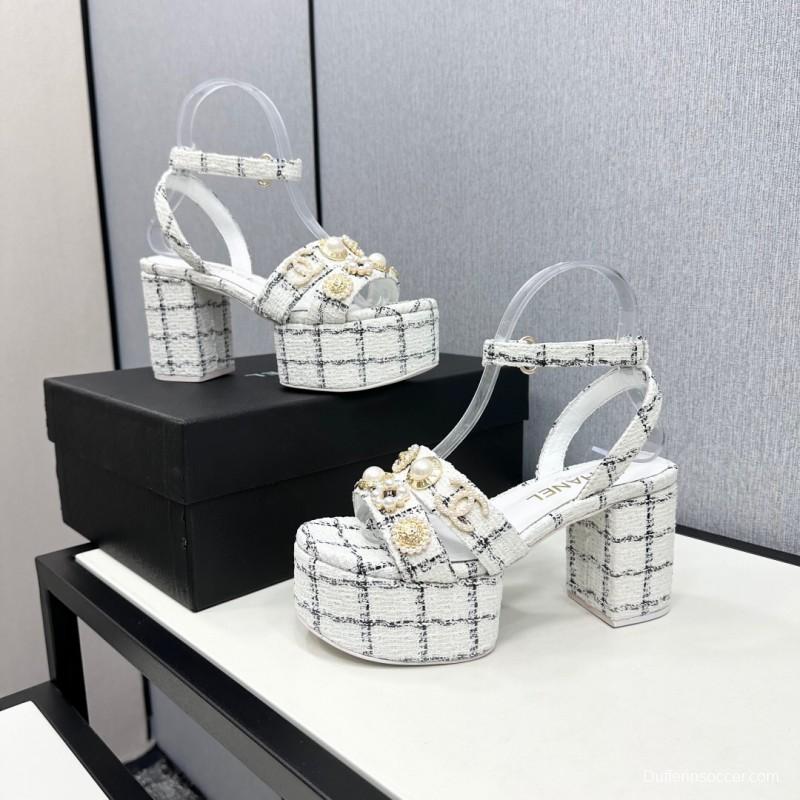 2025 Women Chanel White Black Fabric Platform Sandals Pearl Embellishment