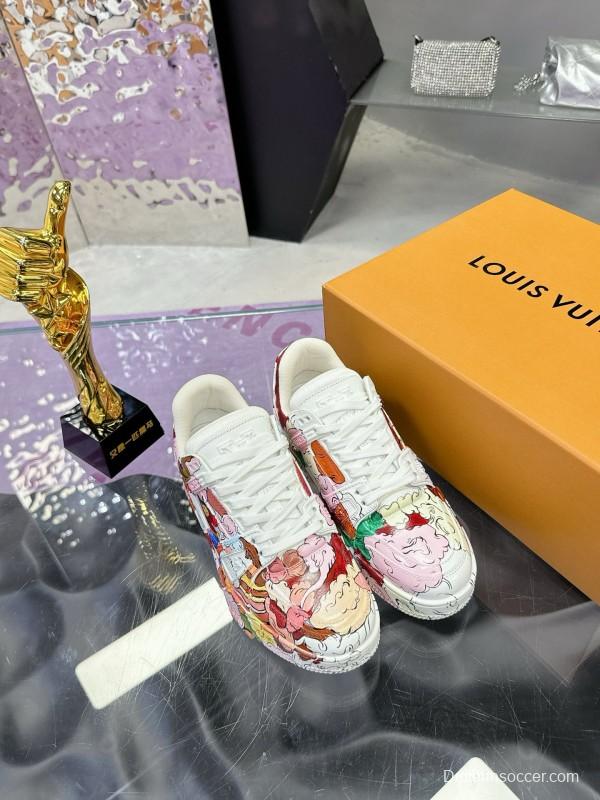 2024 Unisex Louis Vuitton White Pink Red Leather Canvas Sneakers Collaboration MJ00780