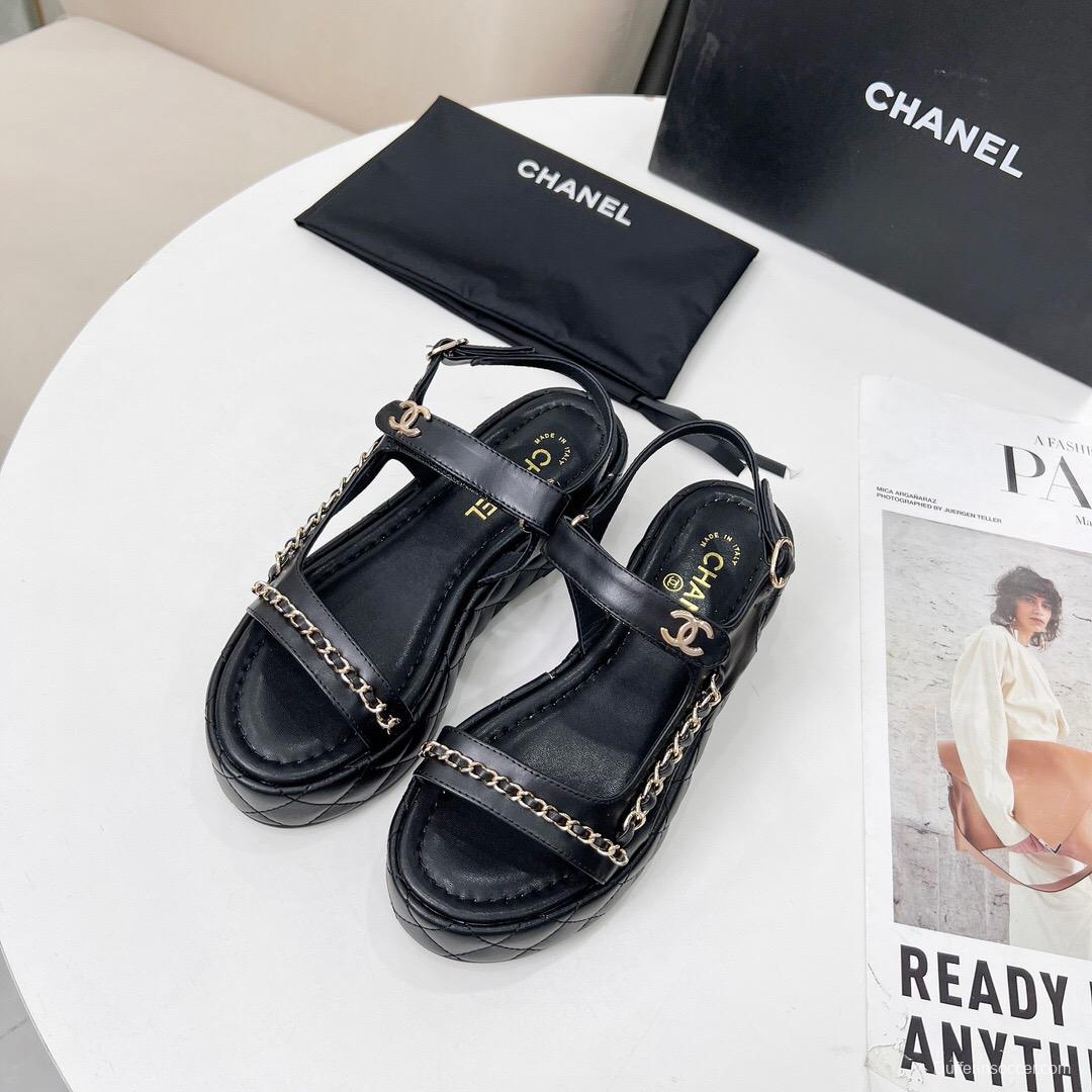 2025 Women Chanel Black Leather Sandals Chain LY00260