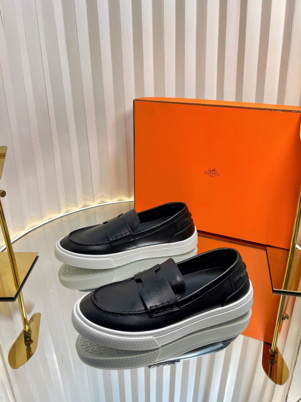 2025 Unisex Hermès Black Leather Fabric Loafers Slip-On LY00310(F)/LY00320(M)