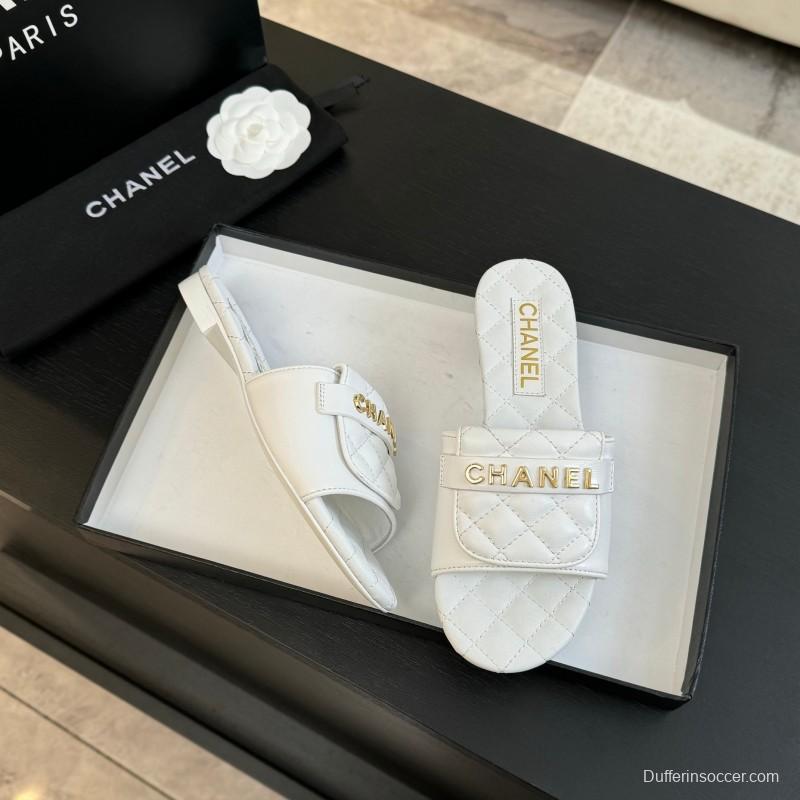 2025 Women Chanel White Leather Slippers