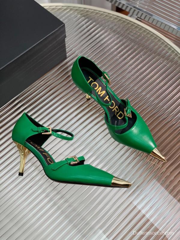 2025 Women TOM FORD Green Gold Leather Pointed Toe Mary Jane KFY00320