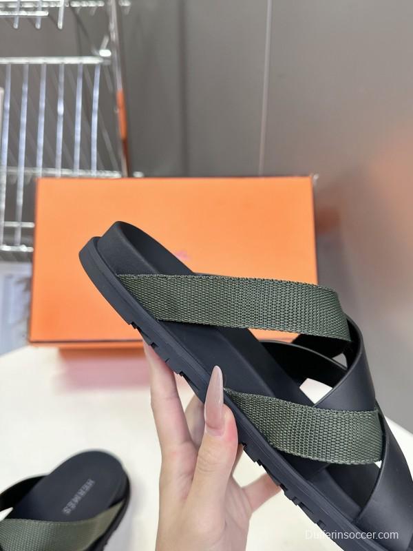 2025 Slippers Hermès Black Green Leather Fabric Slippers