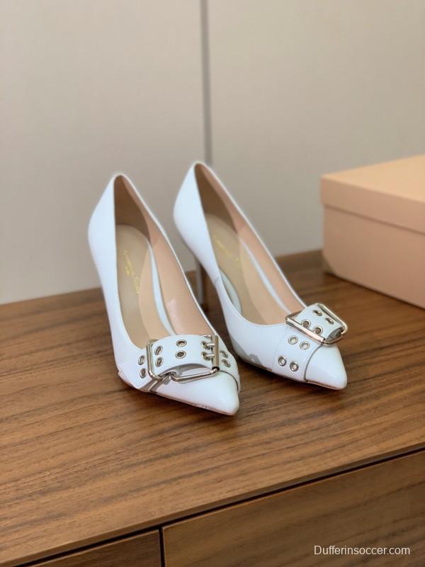 2025 Women Gianvito Rossi White Leather Buckle Pumps KFY00300