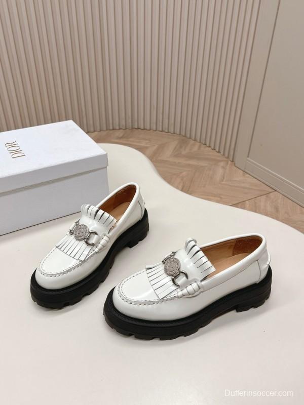 2025 Women Dior White Leather Loafers Metal Buckle KFY00350