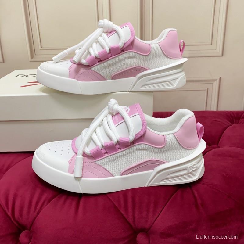 2025 Women Dolce & Gabbana White Pink Leather Mesh Sneakers