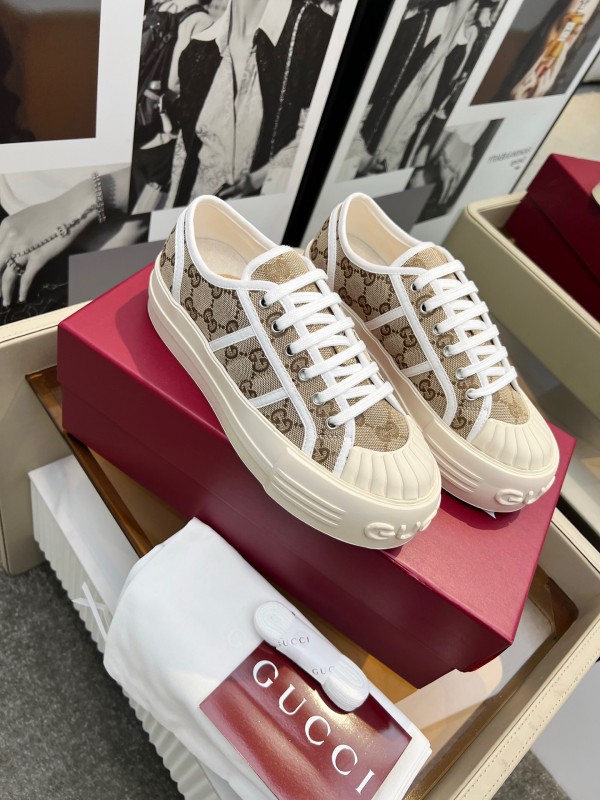 2025 Women Gucci Beige Brown Canvas Platform Sneakers LY00270
