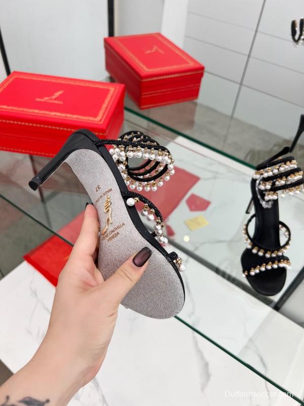 2025 Women RC Black Silk Crystal Pearl High Heel Sandals LY00360