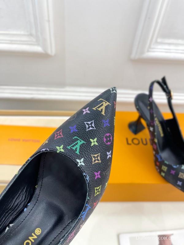 2025 Women Louis Vuitton Black Multicolor Leather Slingback Heels KFY00280