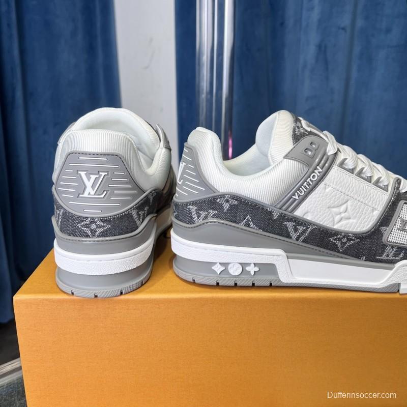 2025 Unisex Louis Vuitton Grey White Canvas Leather Sneakers