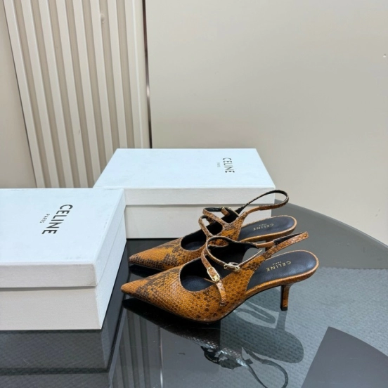 2025 Women Celine Brown Snake Leather Pointed Toe Slingback Heels