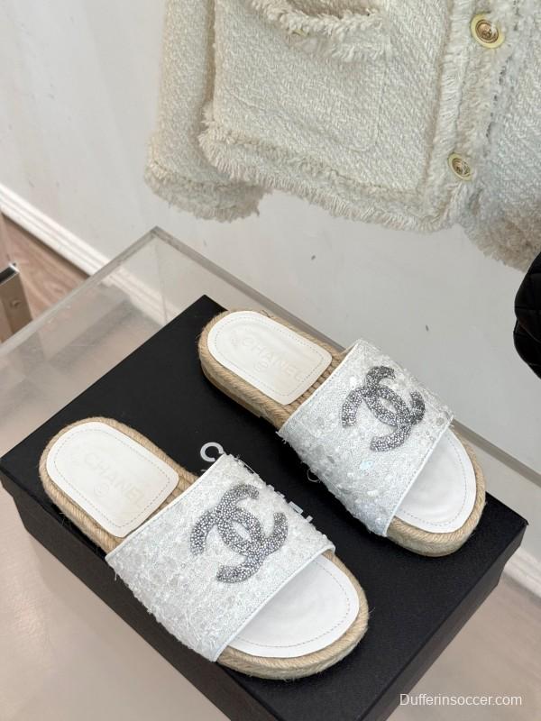 2025/Women Chanel White Lace Espadrille Slide Sandals Handwoven Jute Sole KFY00240(F)