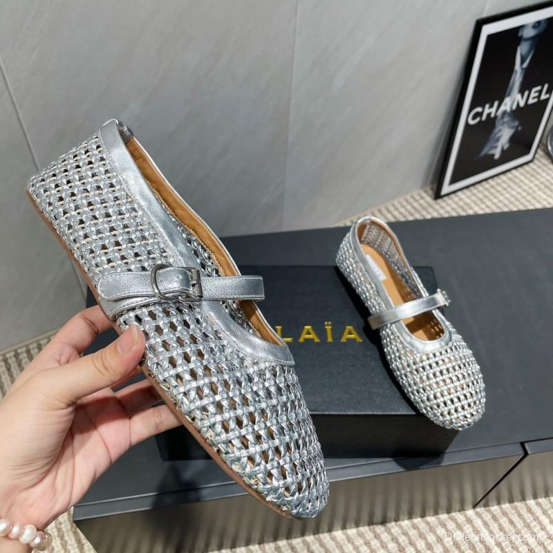 2025 Women Alaïa Silver Leather Woven Mary Jane Flats LY00360(F)