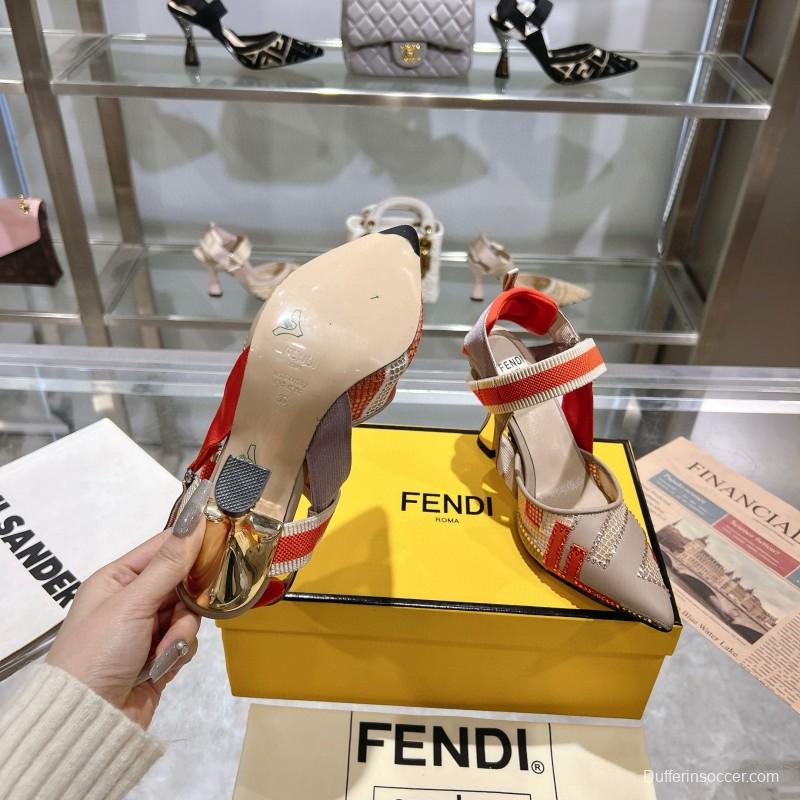 2025 Women Fendi Beige Orange Leather Fabric High Heels MJ00280