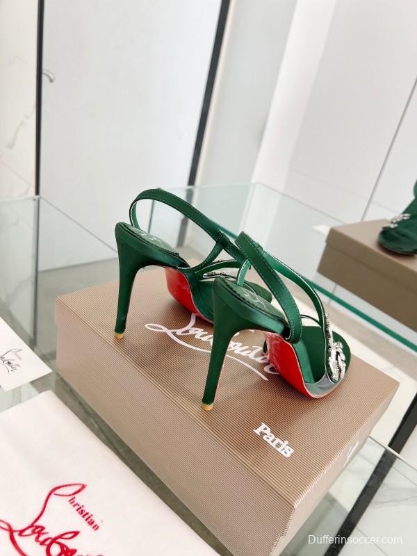 2025 Women Christian Louboutin Green Silk High Heel Crystal Sandal LY00300