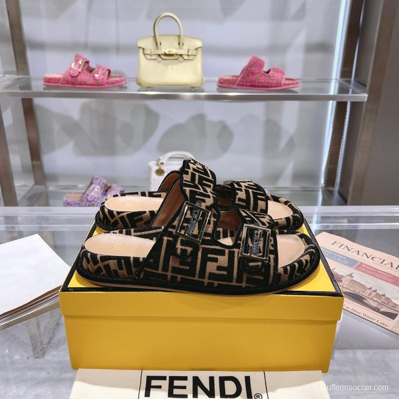 2025 Fendi Black Beige Fabric Slippers FF Buckle KFY00250