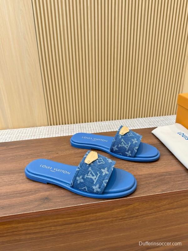 2025 Women Louis Vuitton Blue Denim Leather Slippers LY00200