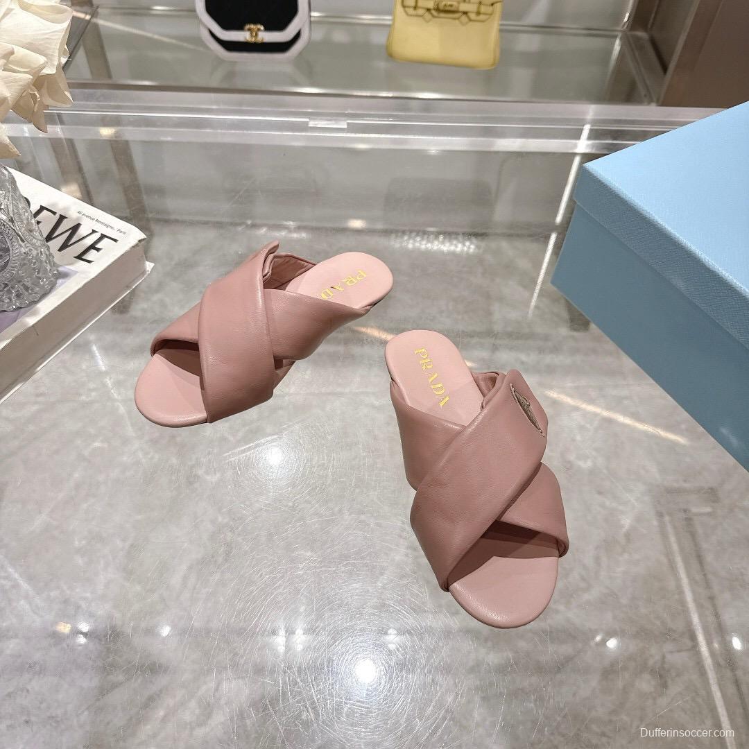 2025 Women Prada Pink Leather Slippers