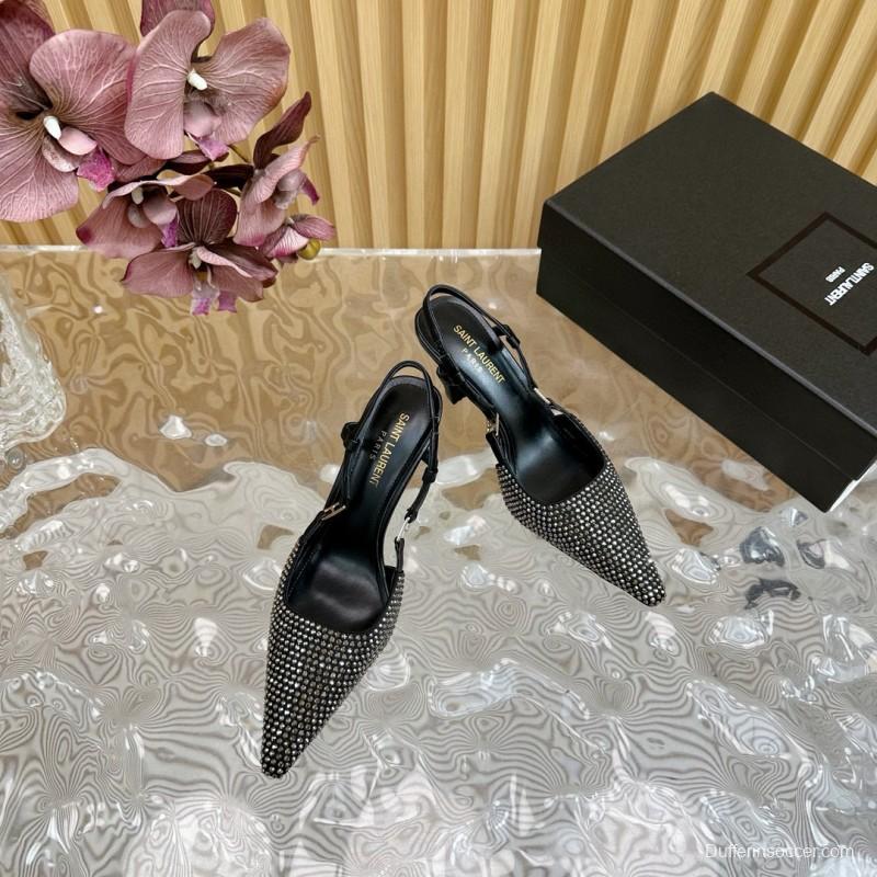 2024 Women Yves Saint Laurent Black Silk Slingback Pumps Crystal Embellishment MJ00320