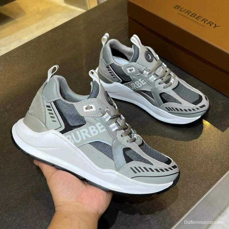 2025 Unisex Burberry Grey Suede Leather Mesh Sneakers Vintage Code MJ00380
