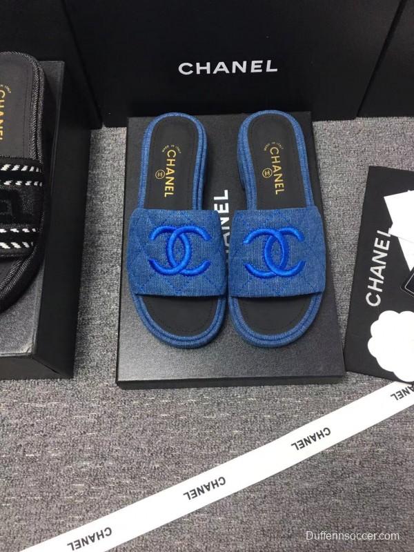 2025 Women Chanel Blue Fabric Slippers LY00000