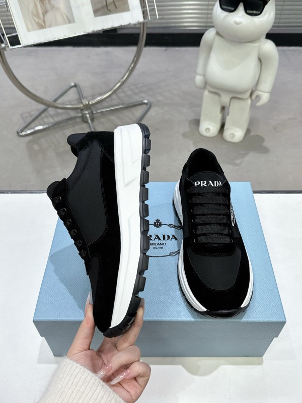 2025 Women Prada Black Leather Mesh Sneakers KFY00310