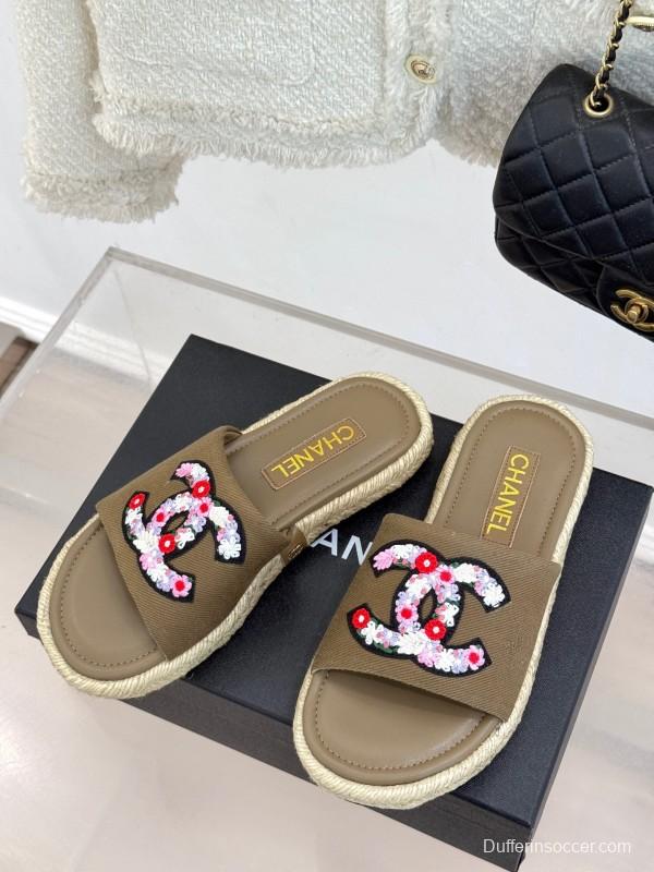 2025 Women Chanel Khaki Embroidered Lambskin Slippers KFY00230