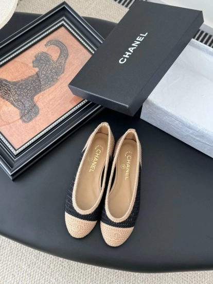 2025 Women Chanel Black Beige Knit Ballet Flats