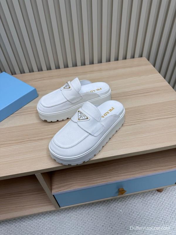 2025 Women Prada White Canvas Platform Loafers