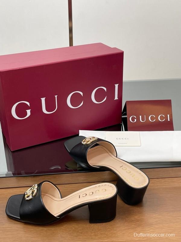 2025 Women Gucci Black Leather Slippers Crystal GG Buckle LY00280