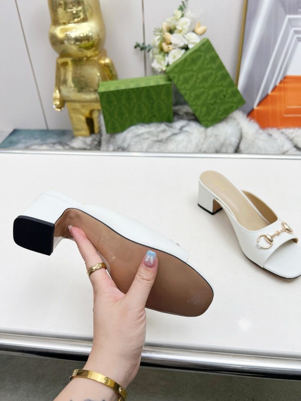 2025 Women Gucci White Leather Heeled Slippers MJ00180