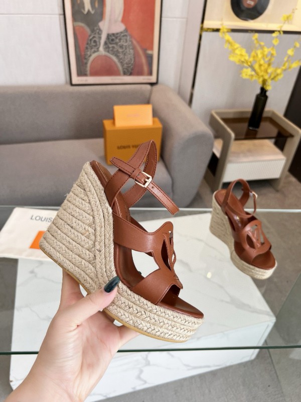 2025 Women Louis Vuitton Brown Leather Espadrilles Sandals MJ00280