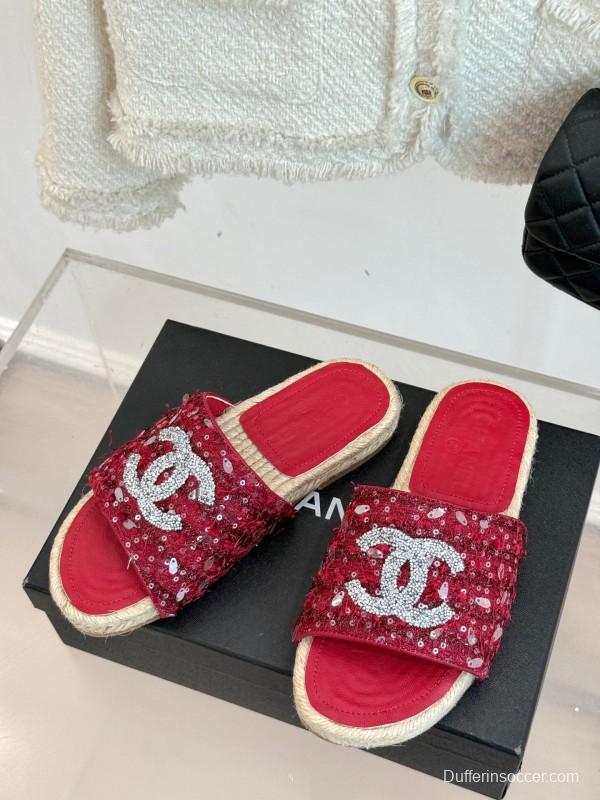 2025 Women Chanel Red Sequin Espadrille Slides Classic Craftsmanship KFY00240(F)
